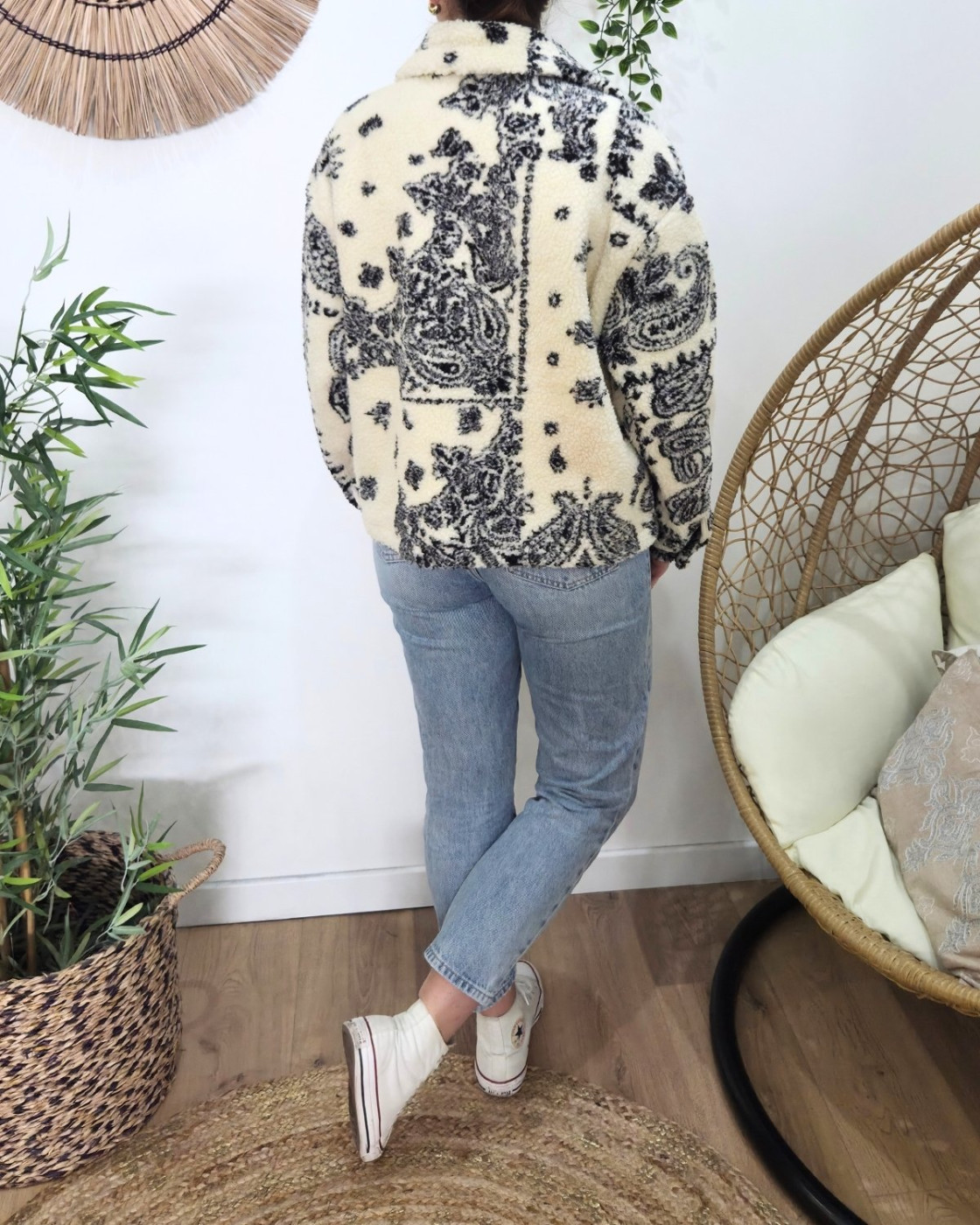 Manteau femme bouclettes écru et noir Zoraïa