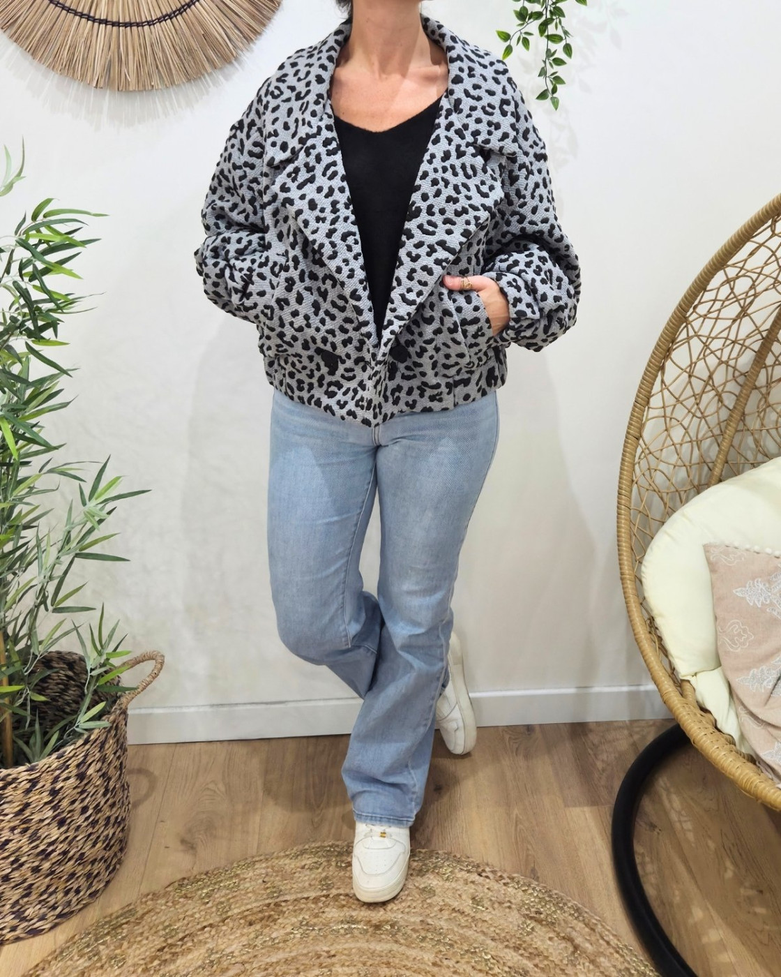 Manteau bombers épais léopard gris et noir