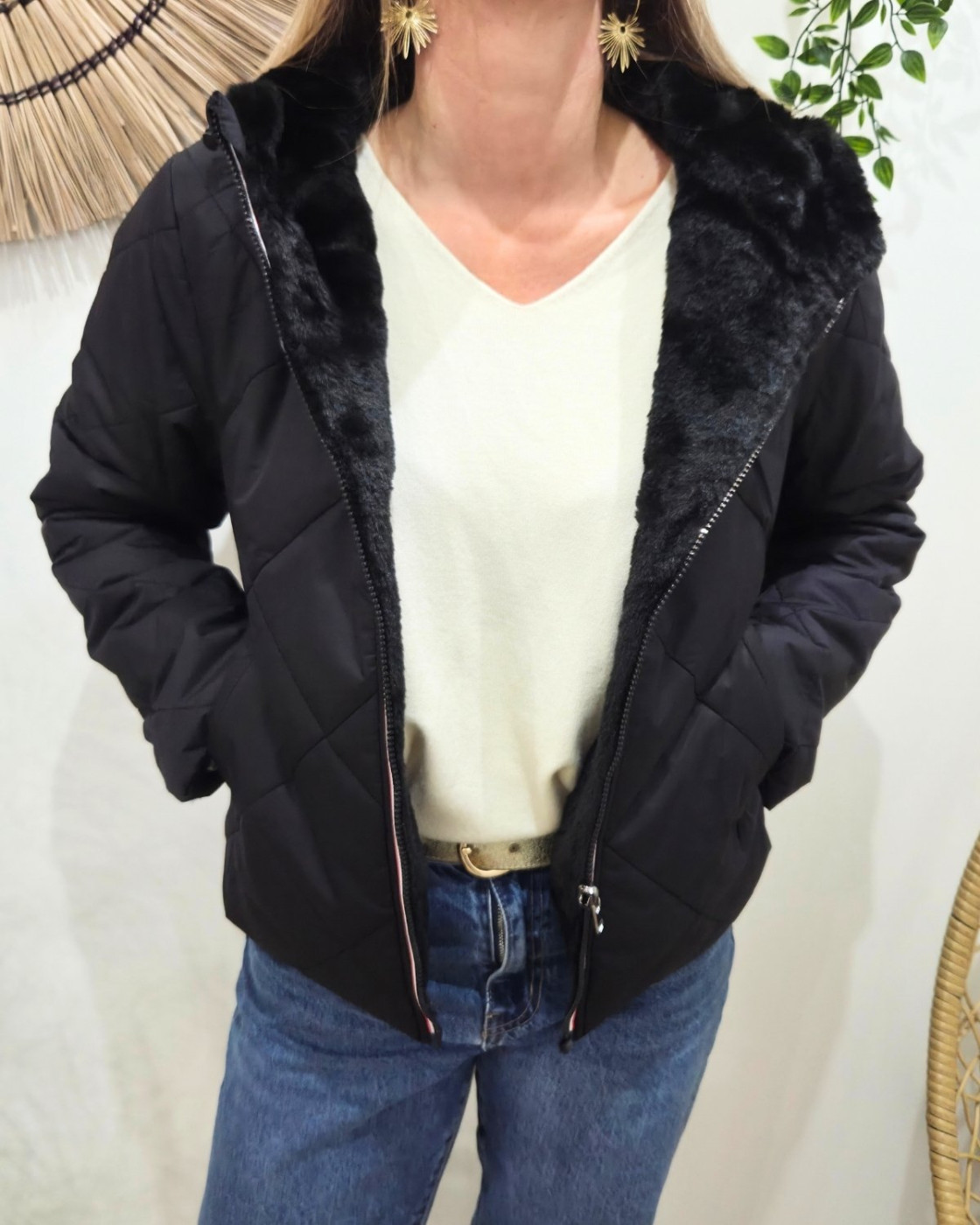 Parka femme noire matelassée réversible fausse fourrure Esma