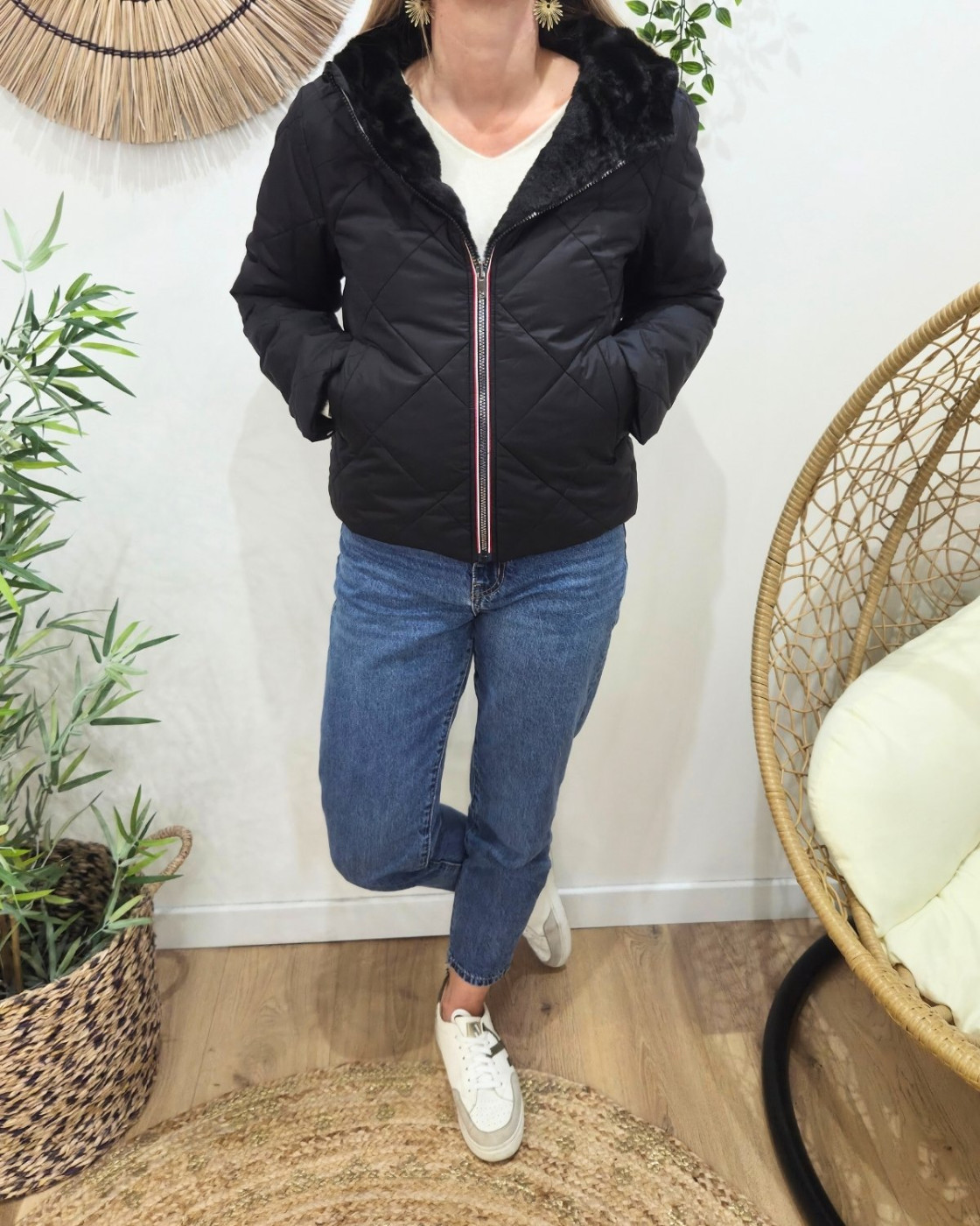 Parka femme noire matelassée réversible fausse fourrure Esma