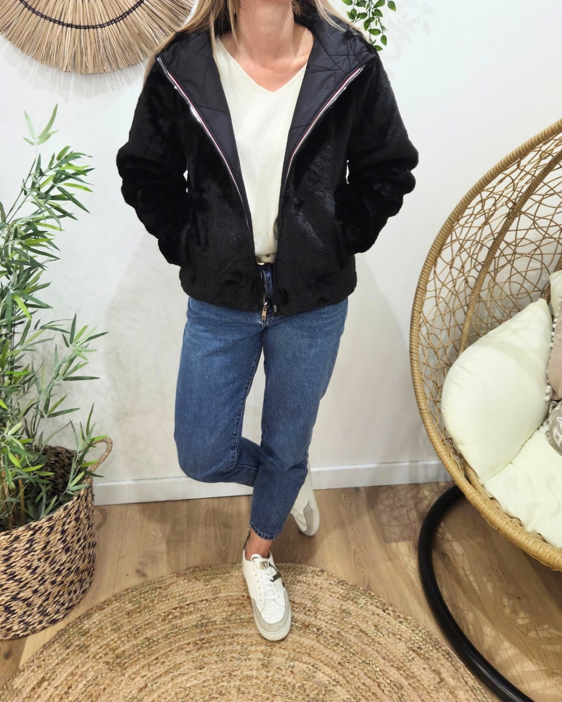 Parka femme noire matelassée réversible fausse fourrure Esma