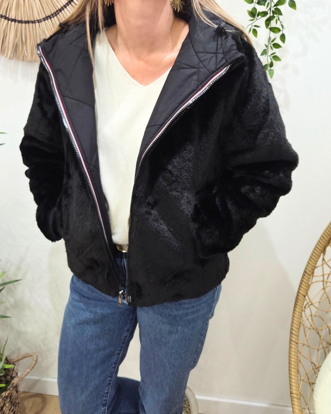 Parka femme noire matelassée réversible fausse fourrure Esma