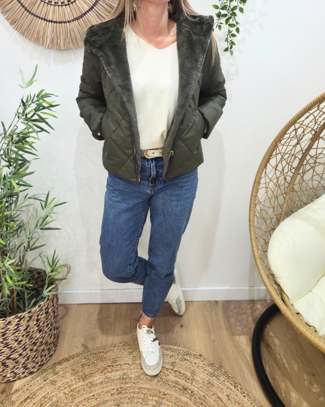 Parka femme kaki matelassée réversible fausse fourrure Esma