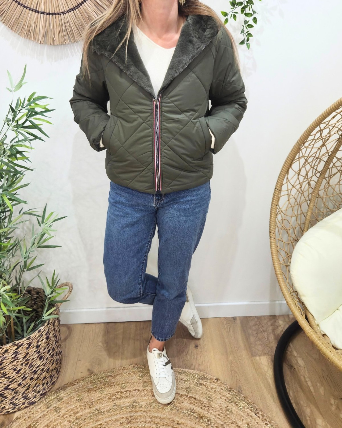 Parka femme kaki matelassée réversible fausse fourrure Esma