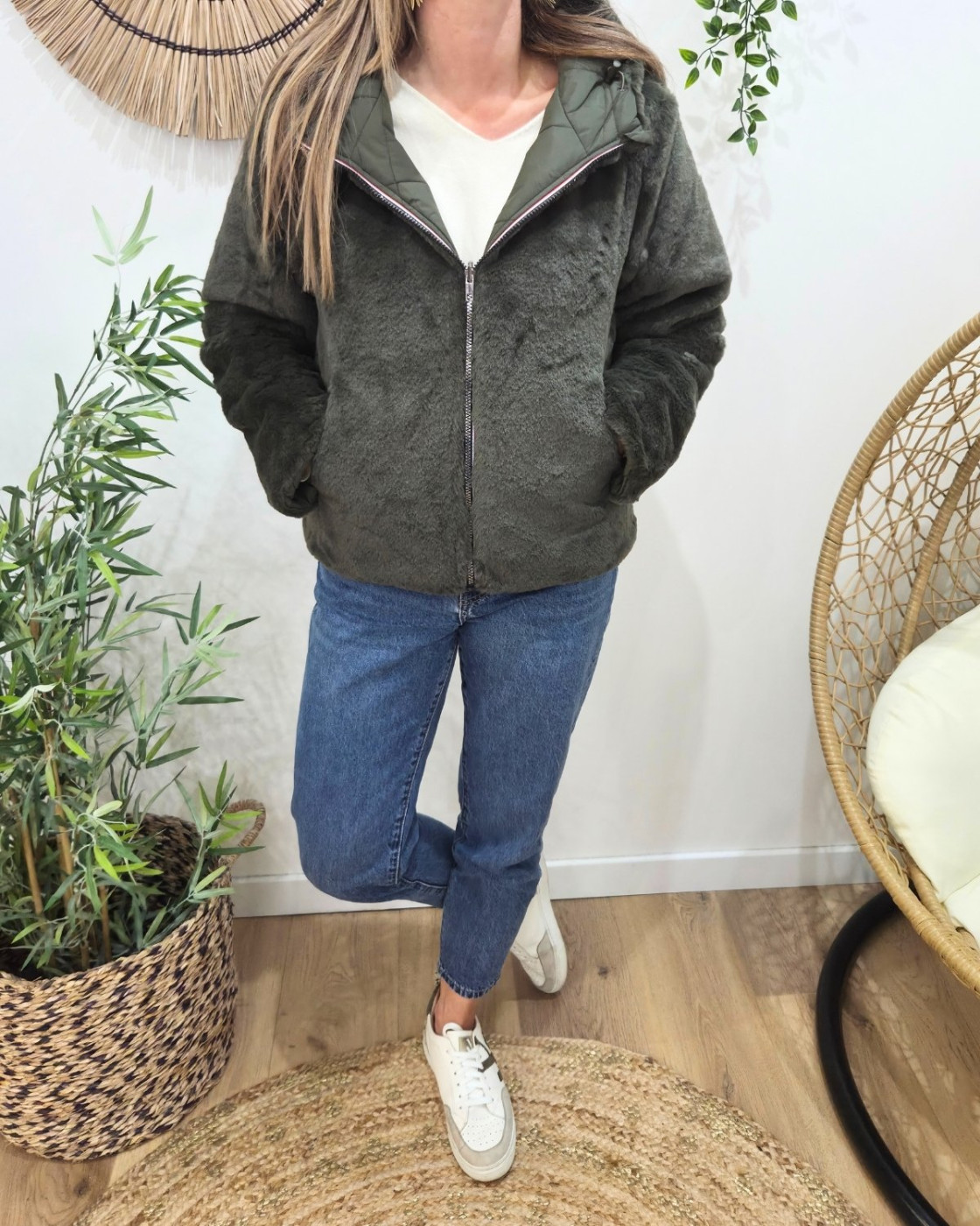 Parka femme kaki matelassée réversible fausse fourrure Esma