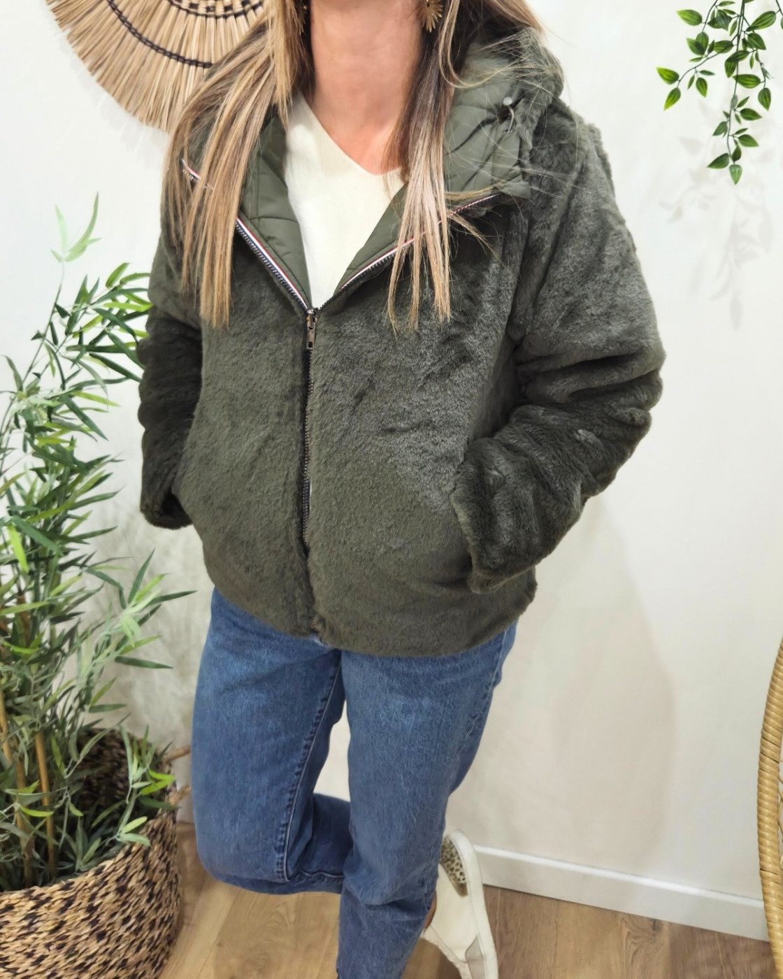 Parka femme kaki matelassée réversible fausse fourrure Esma