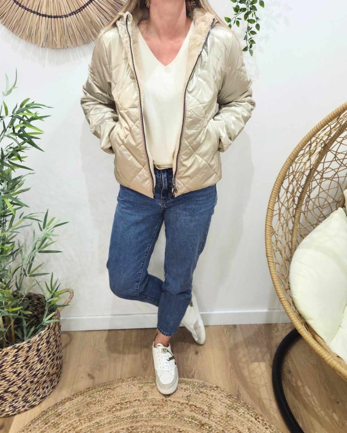 Parka femme dorée matelassée réversible fausse fourrure beige Esma