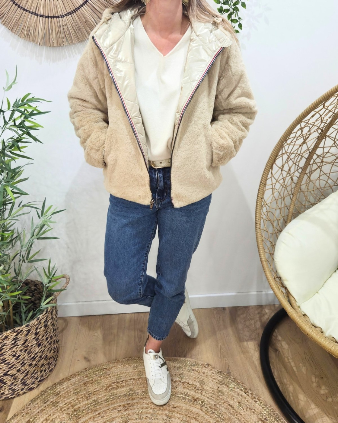 Parka femme dorée matelassée réversible fausse fourrure beige Esma