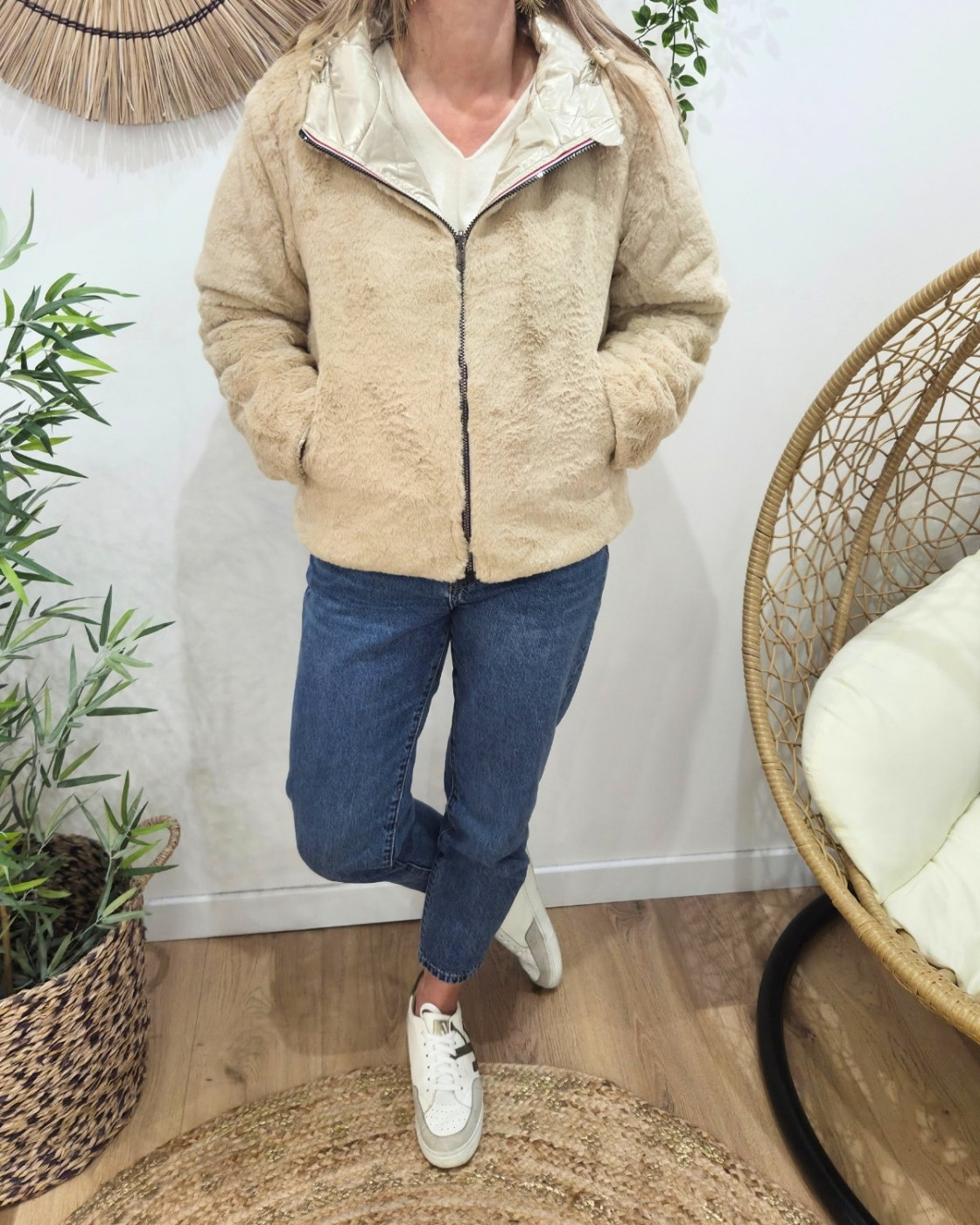 Parka femme dorée matelassée réversible fausse fourrure beige Esma