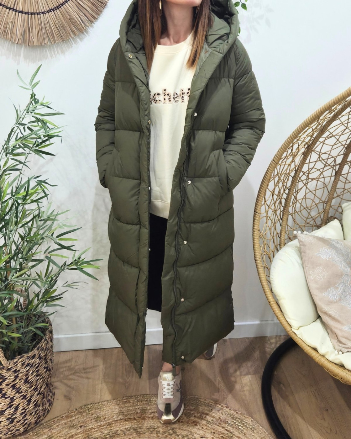 Doudoune longue femme kaki à capuche Amélia