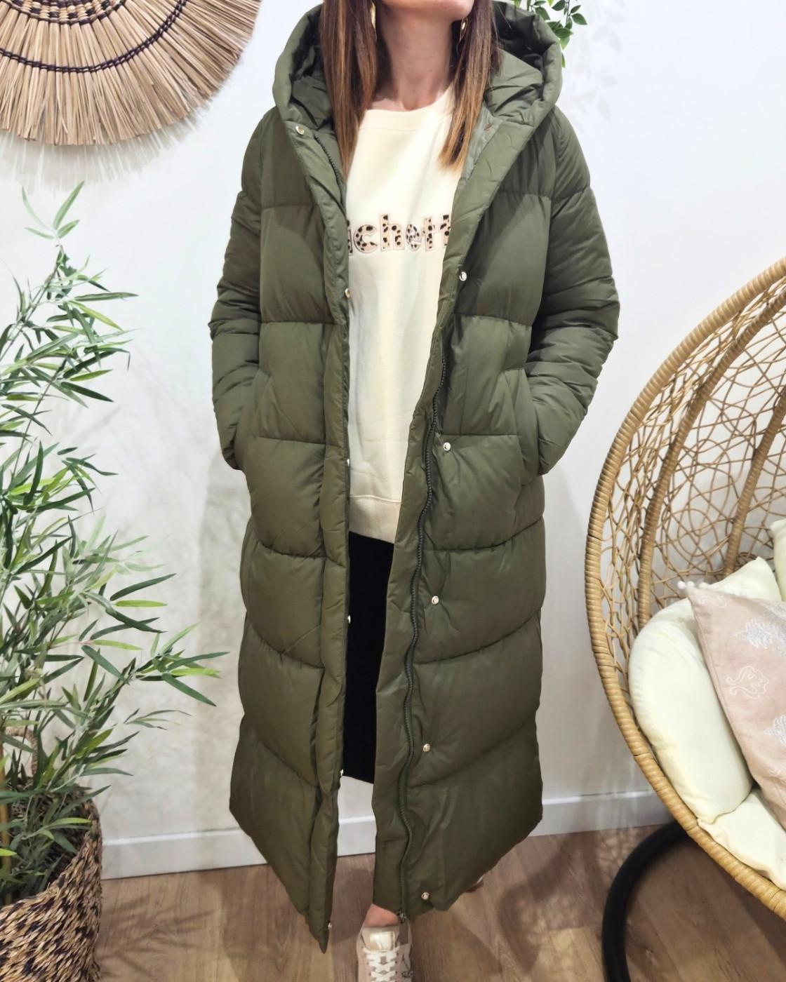 Doudoune longue femme kaki à capuche Amélia