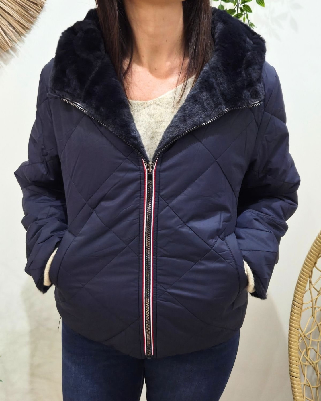 Parka femme bleu marine matelassée réversible fausse fourrure Esma