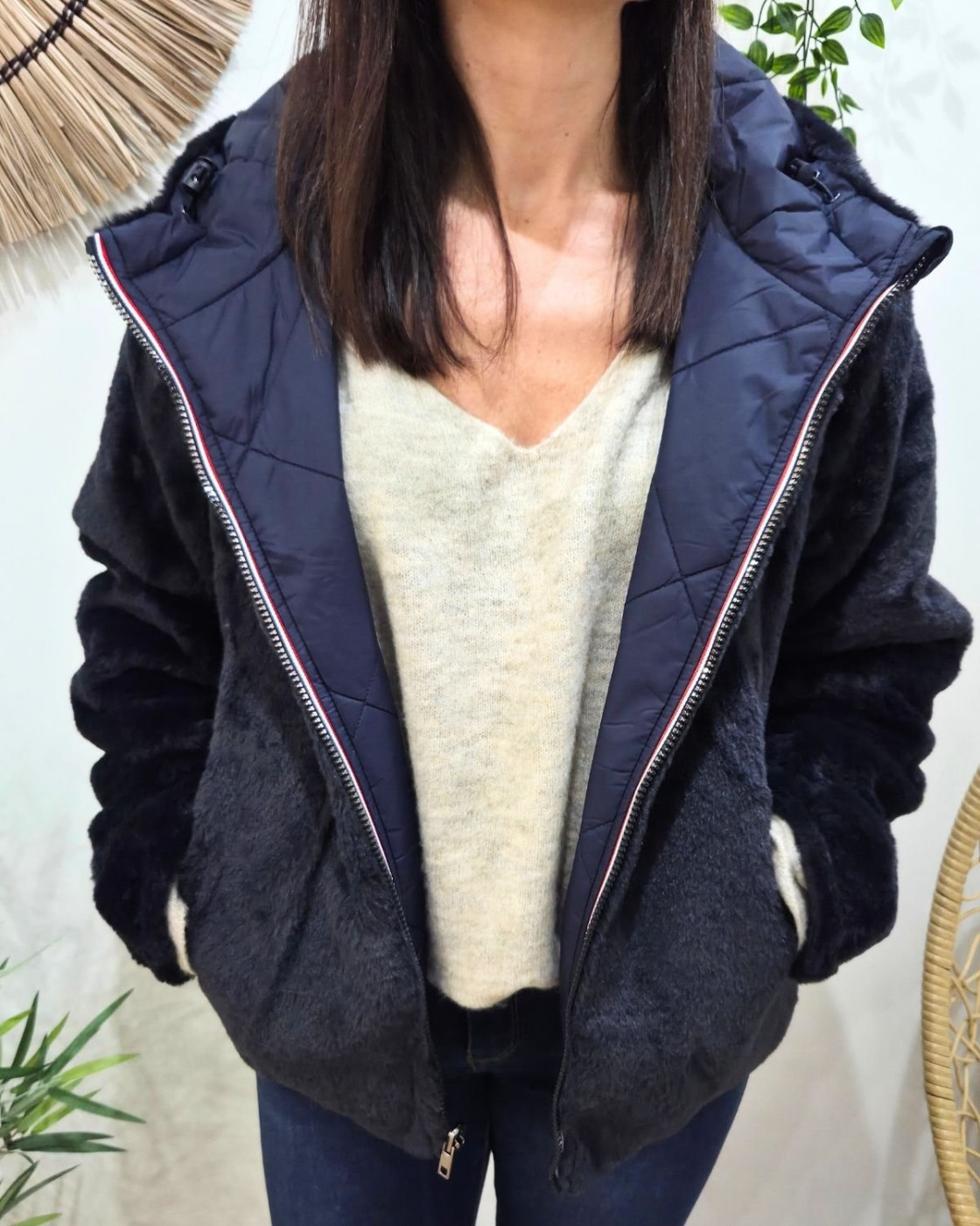 Parka femme bleu marine matelassée réversible fausse fourrure Esma
