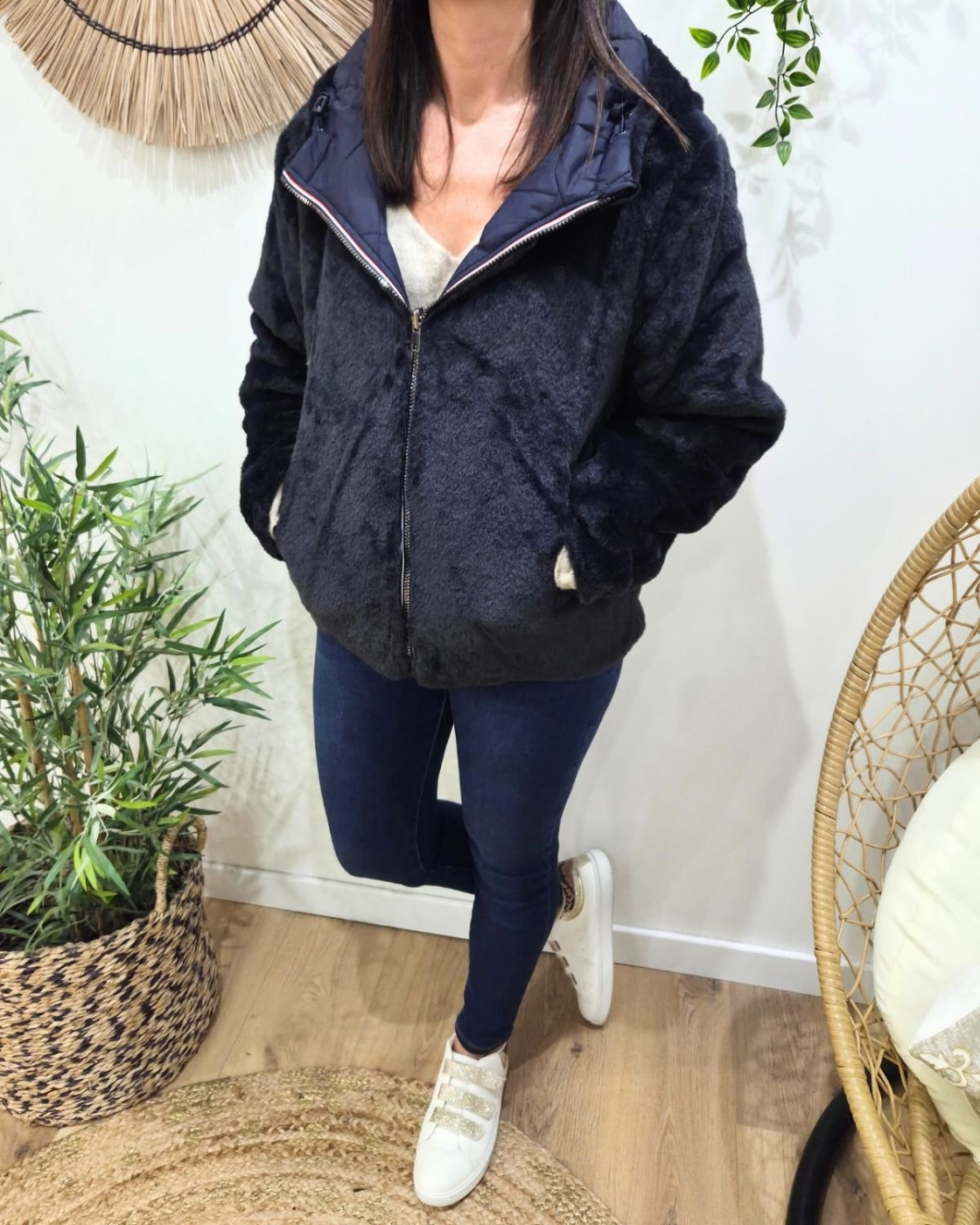 Parka femme bleu marine matelassée réversible fausse fourrure Esma