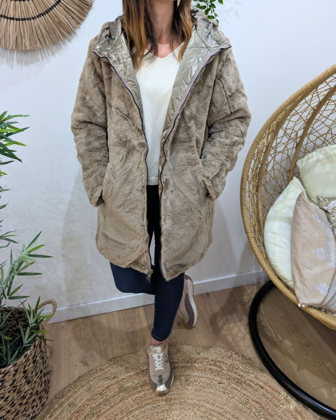 Parka longue femme bronze matelassée réversible fausse fourrure taupe Lioba