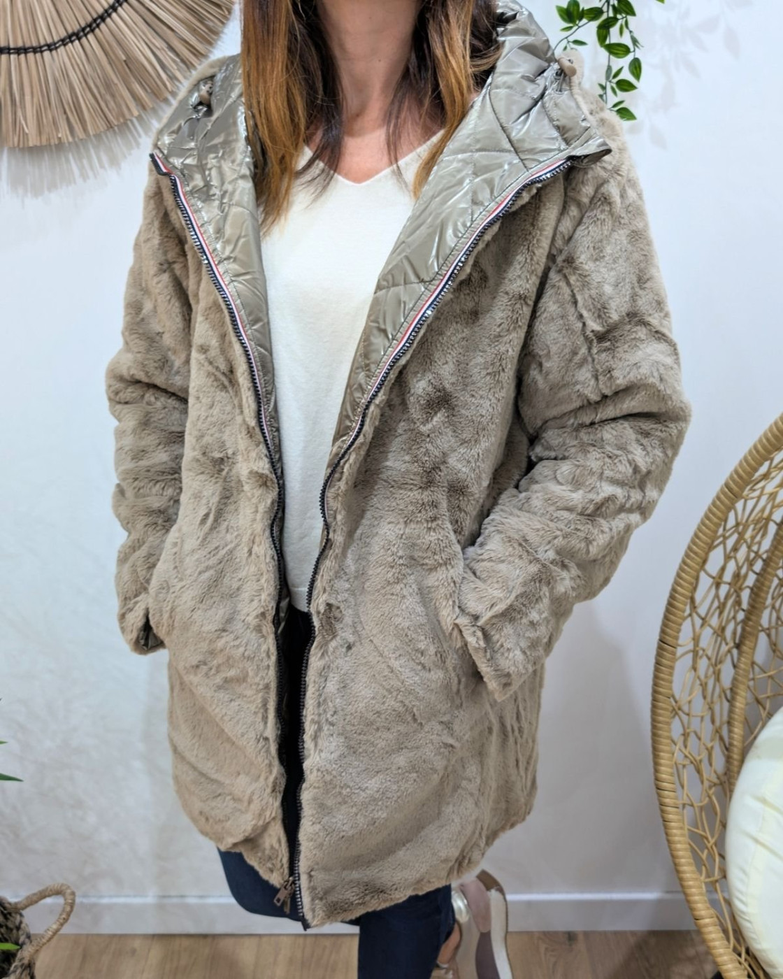 Parka longue femme bronze matelassée réversible fausse fourrure taupe Lioba