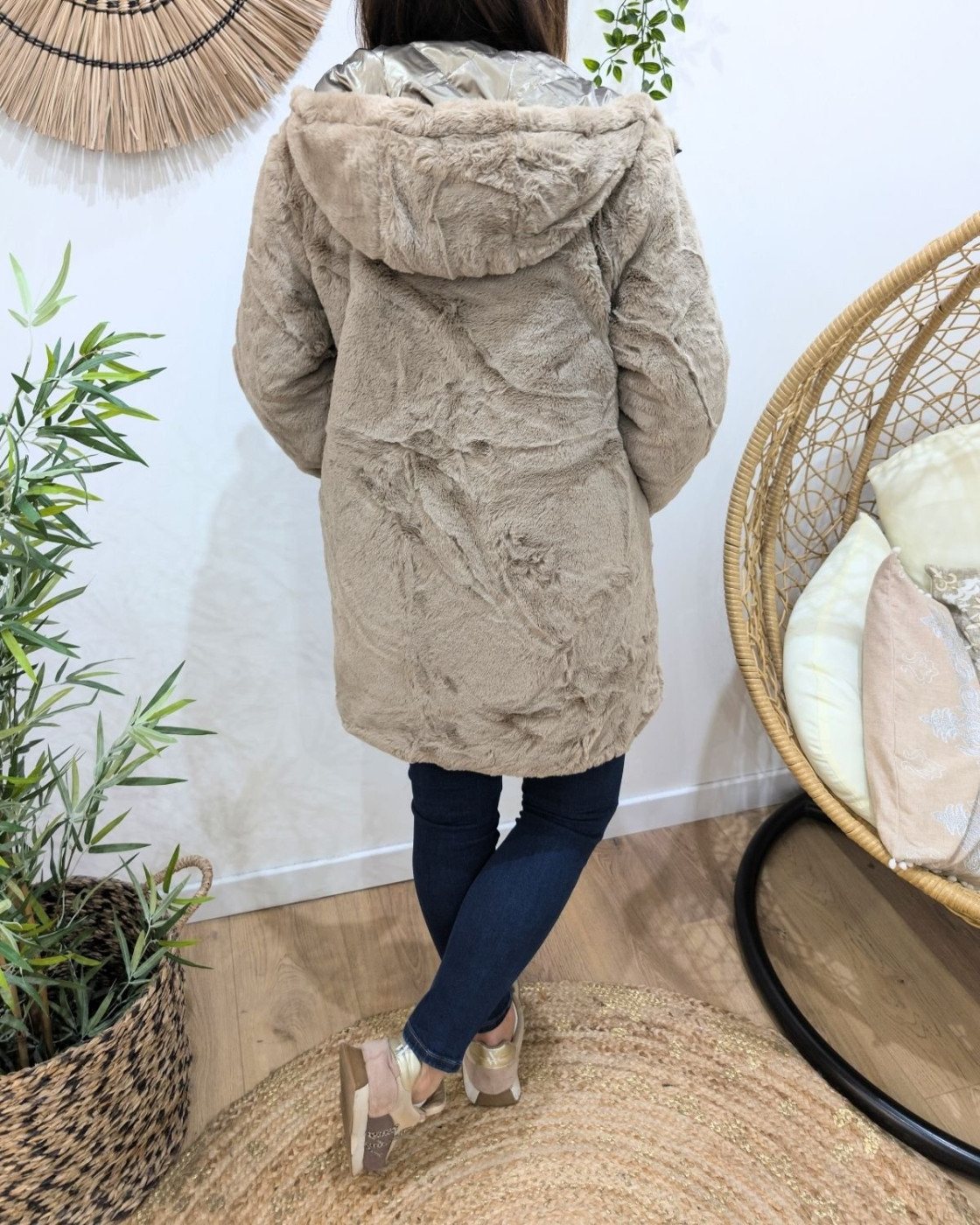 Parka longue femme bronze matelassée réversible fausse fourrure taupe Lioba