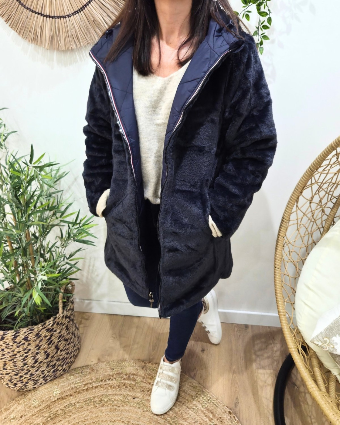 Parka longue femme bleu marine matelassée réversible fausse fourrure Lioba