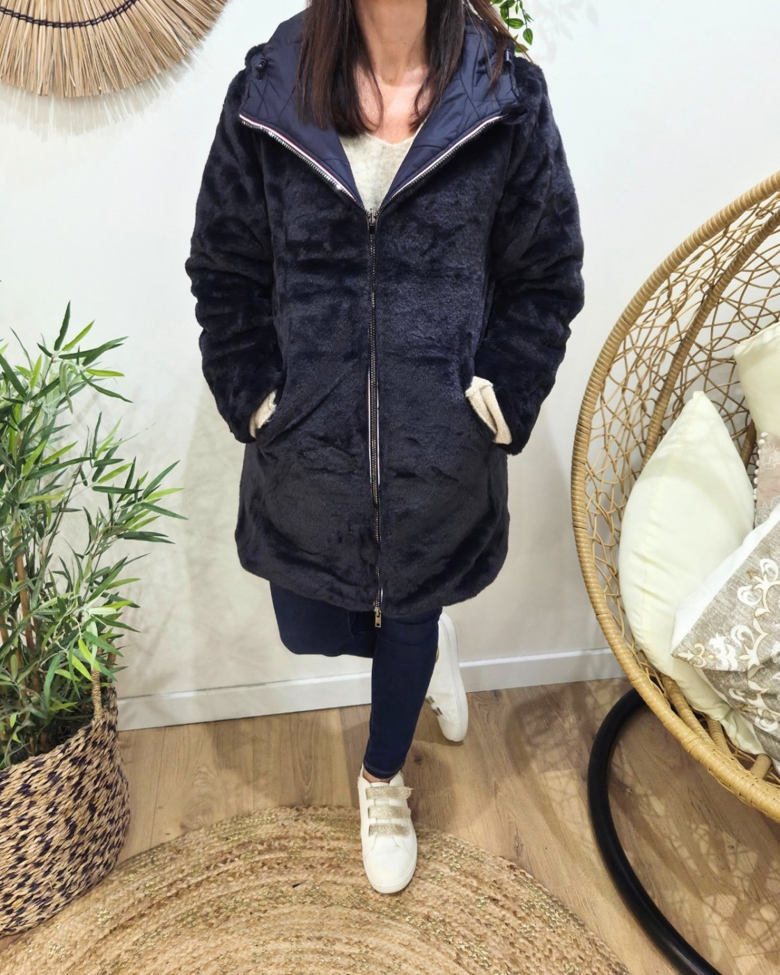 Parka longue femme bleu marine matelassée réversible fausse fourrure Lioba