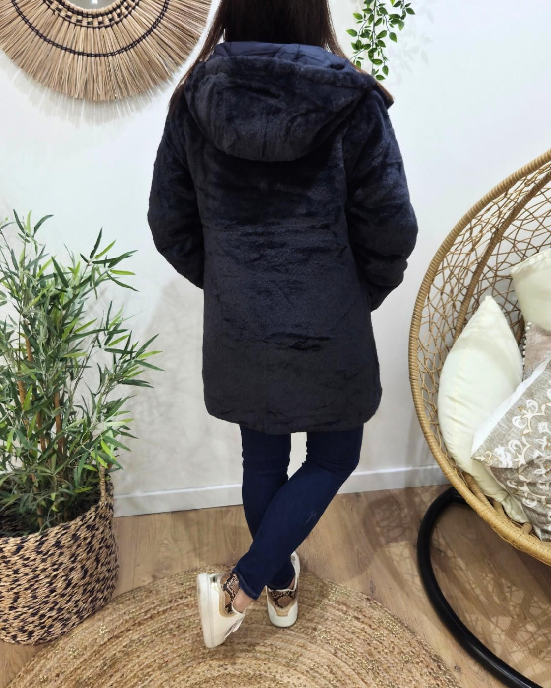 Parka longue femme bleu marine matelassée réversible fausse fourrure Lioba