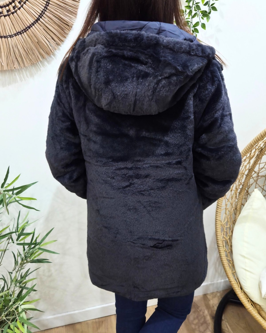 Parka longue femme bleu marine matelassée réversible fausse fourrure Lioba