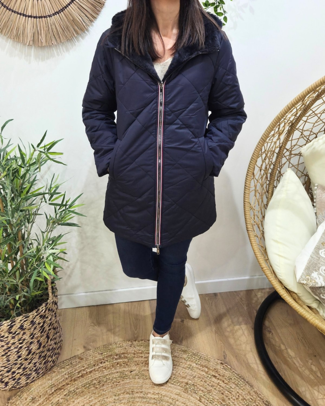 Parka longue femme bleu marine matelassée réversible fausse fourrure Lioba