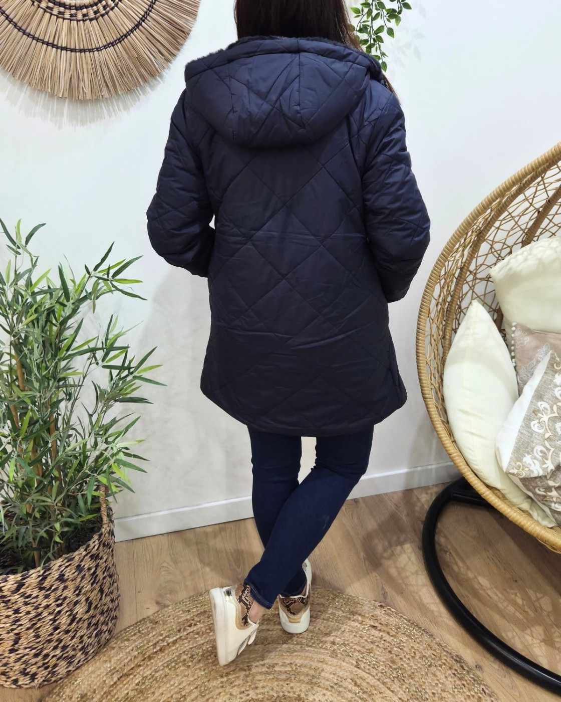 Parka longue femme bleu marine matelassée réversible fausse fourrure Lioba