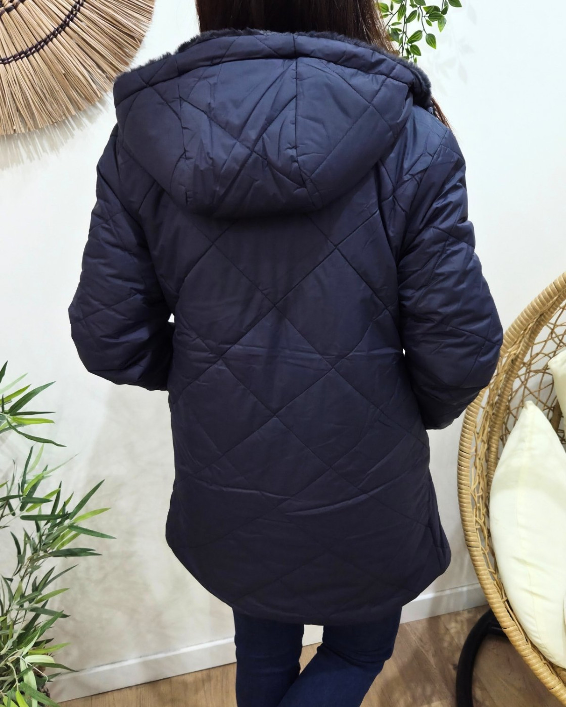 Parka longue femme bleu marine matelassée réversible fausse fourrure Lioba