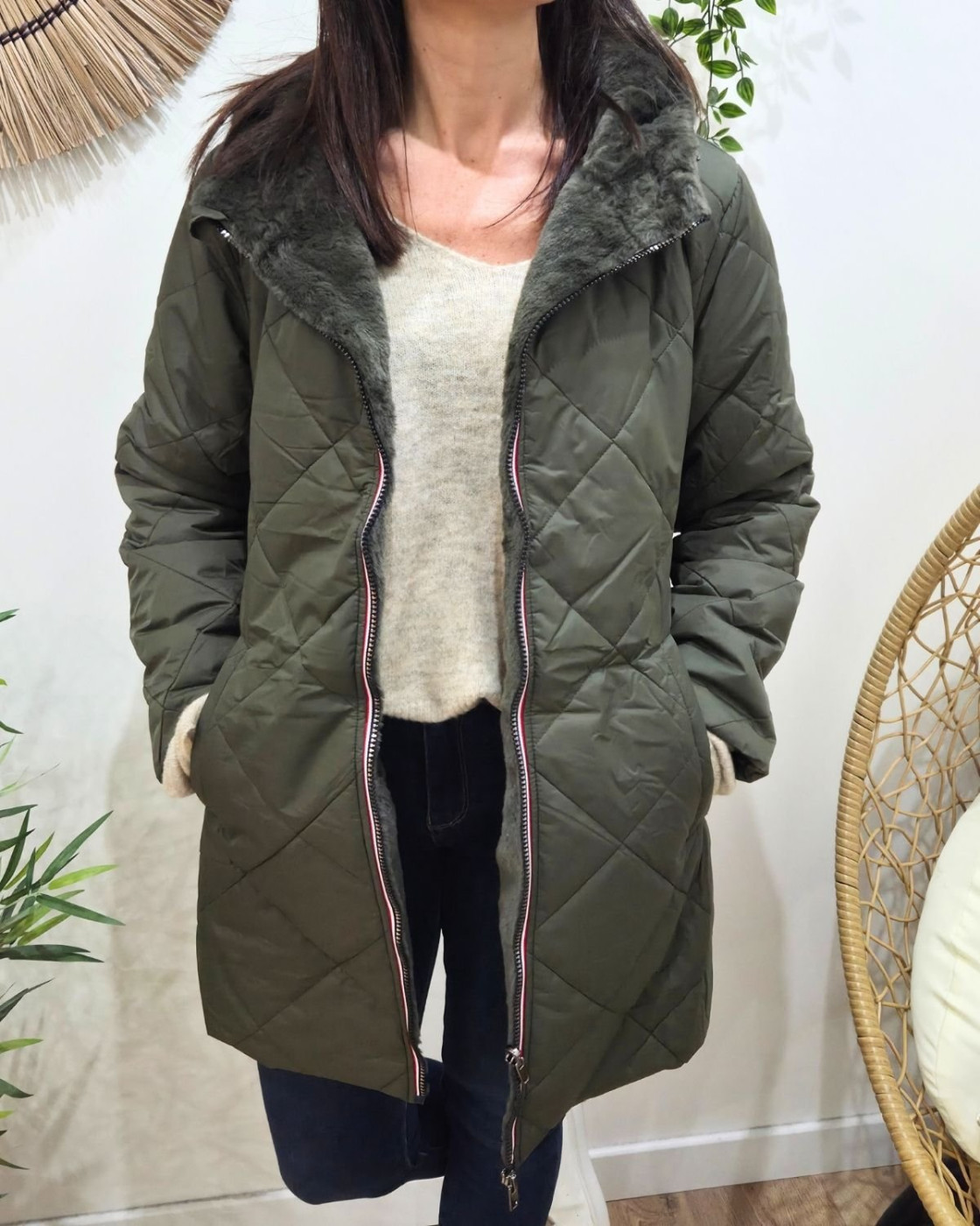 Parka longue femme kaki matelassée réversible fausse fourrure Lioba