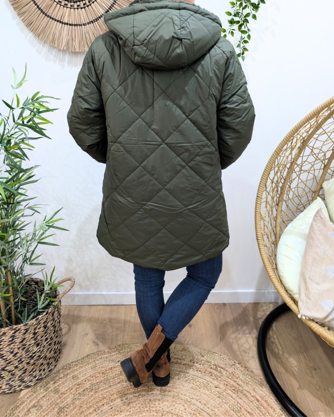 Parka longue femme kaki matelassée réversible fausse fourrure Lioba