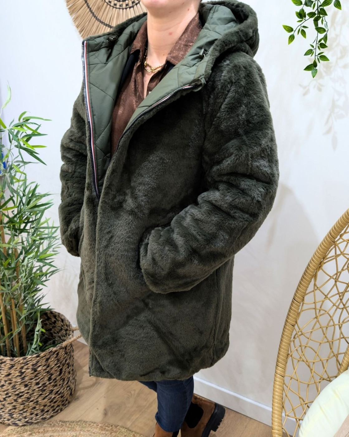 Parka longue femme kaki matelassée réversible fausse fourrure Lioba