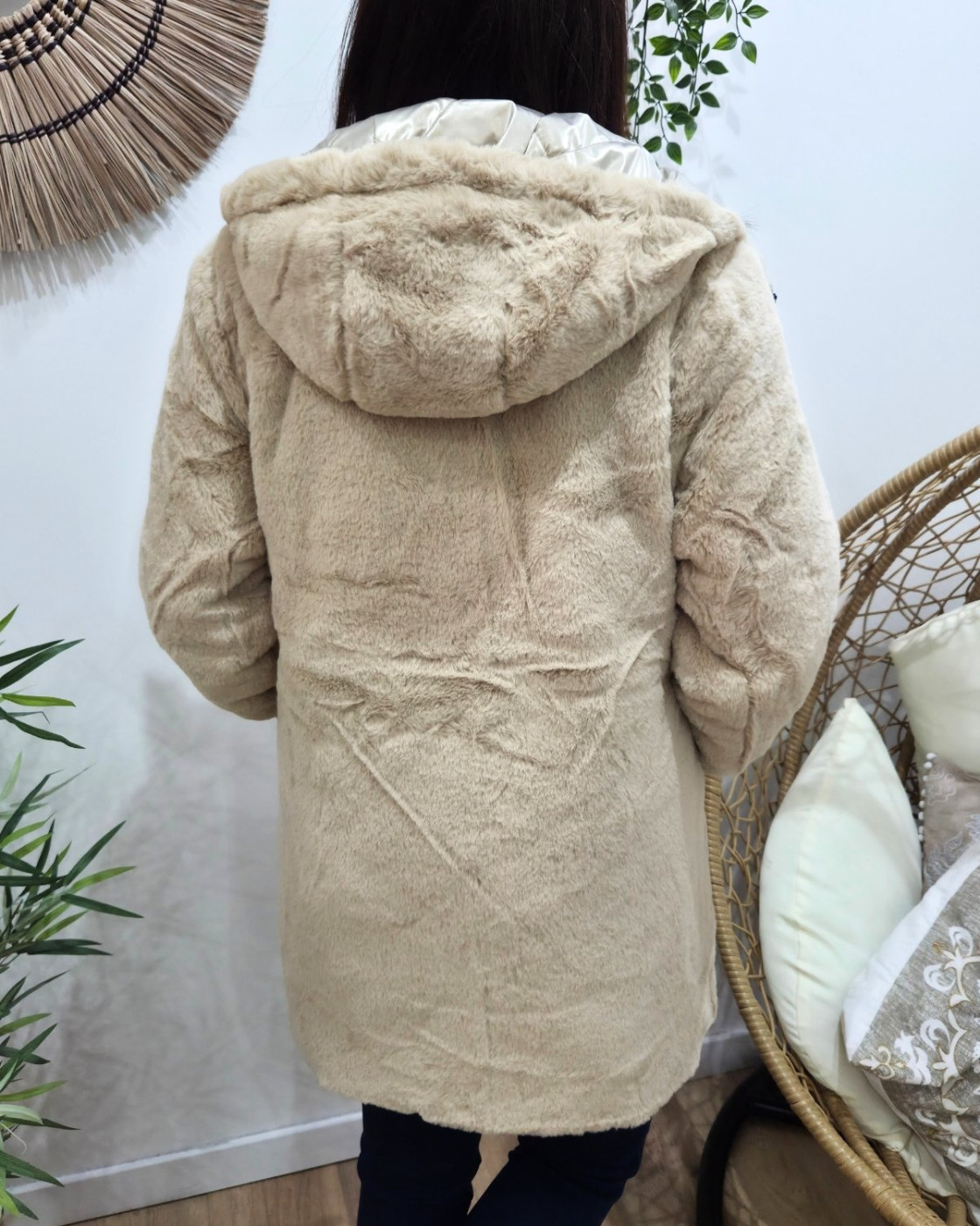 Parka longue femme dorée matelassée réversible fausse fourrure beige Lioba