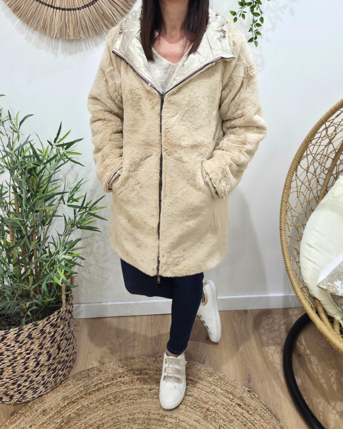 Parka longue femme dorée matelassée réversible fausse fourrure beige Lioba