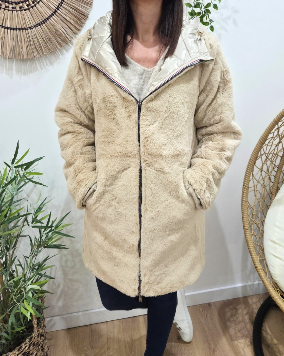Parka longue femme dorée matelassée réversible fausse fourrure beige Lioba