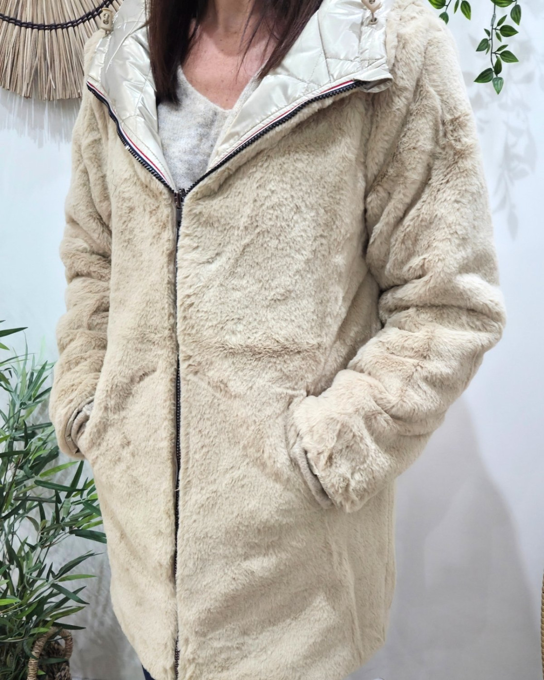 Parka longue femme dorée matelassée réversible fausse fourrure beige Lioba