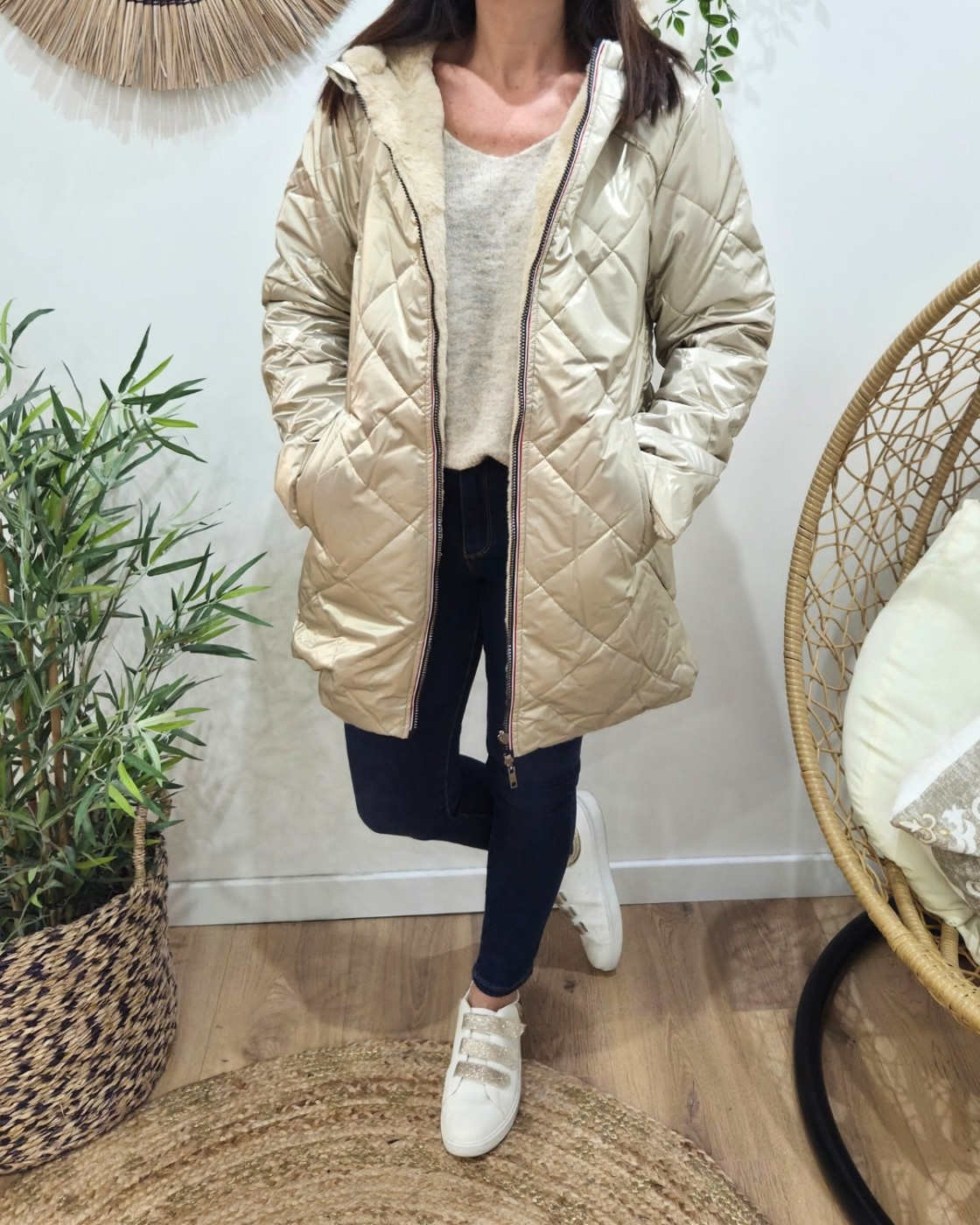 Parka longue femme dorée matelassée réversible fausse fourrure beige Lioba