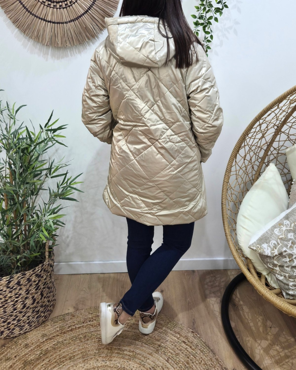 Parka longue femme dorée matelassée réversible fausse fourrure beige Lioba