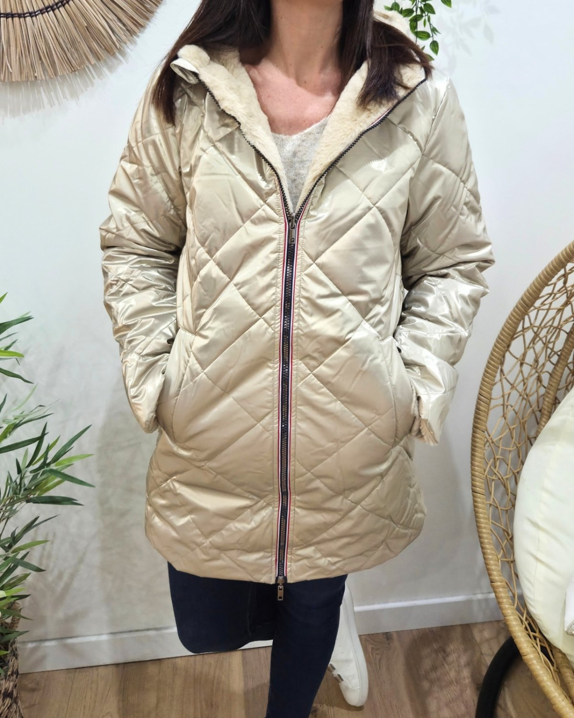 Parka longue femme dorée matelassée réversible fausse fourrure beige Lioba