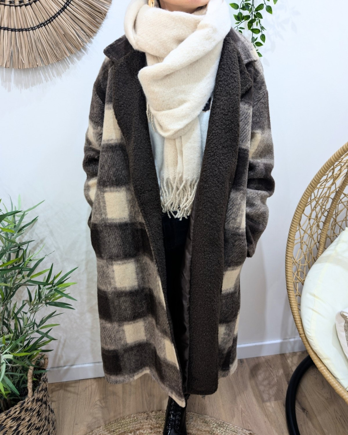 Manteau long femme à carreaux marron et beige