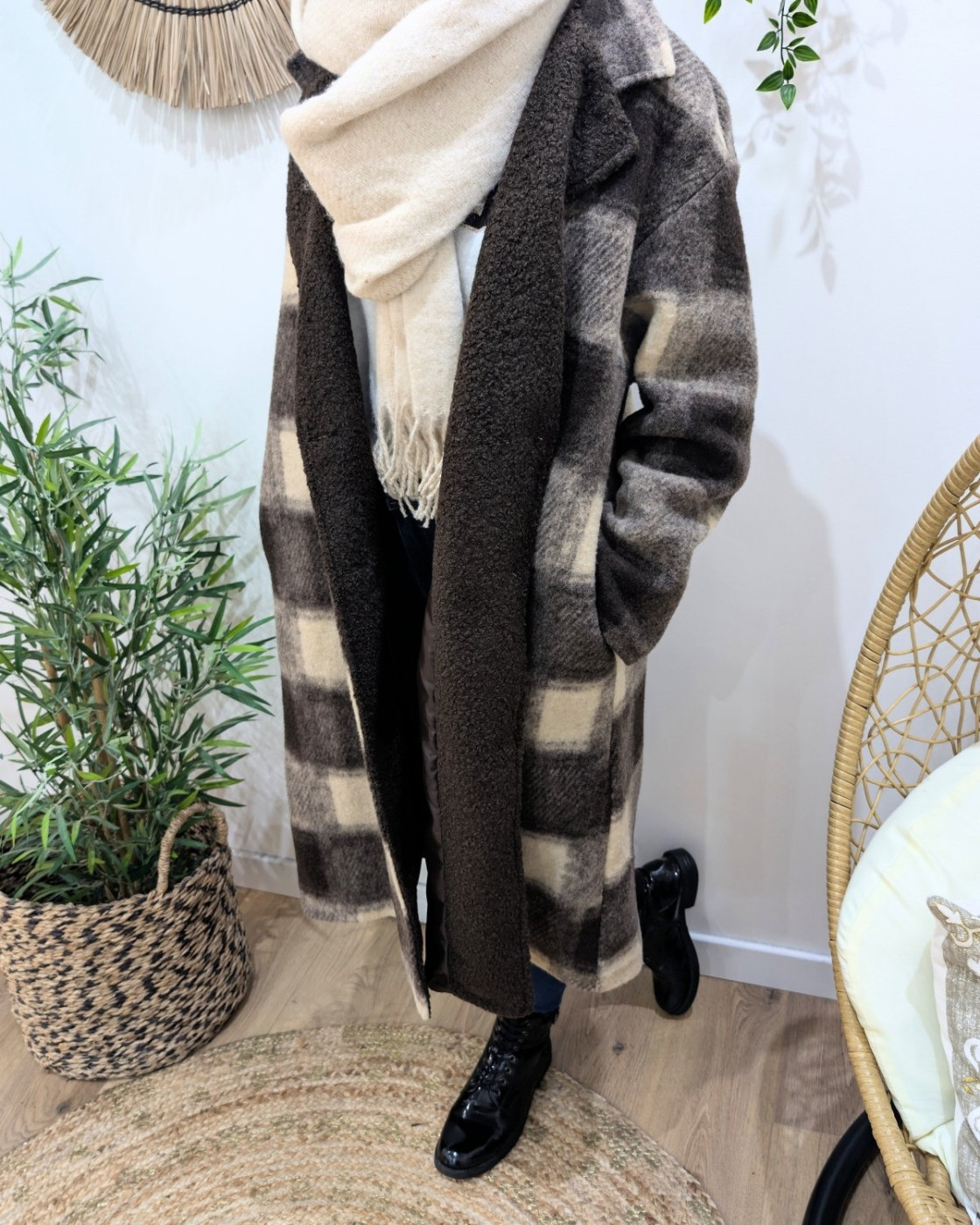 Manteau long femme à carreaux marron et beige