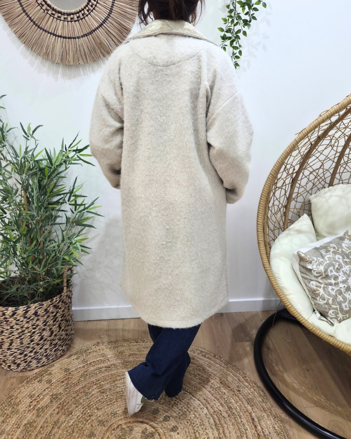 Manteau long femme col matelassé doré