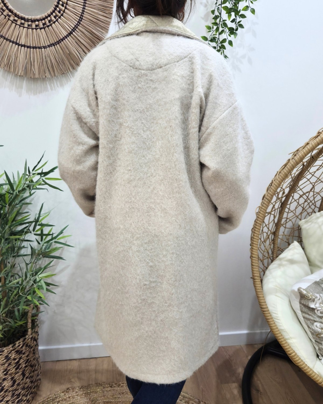 Manteau long femme col matelassé doré