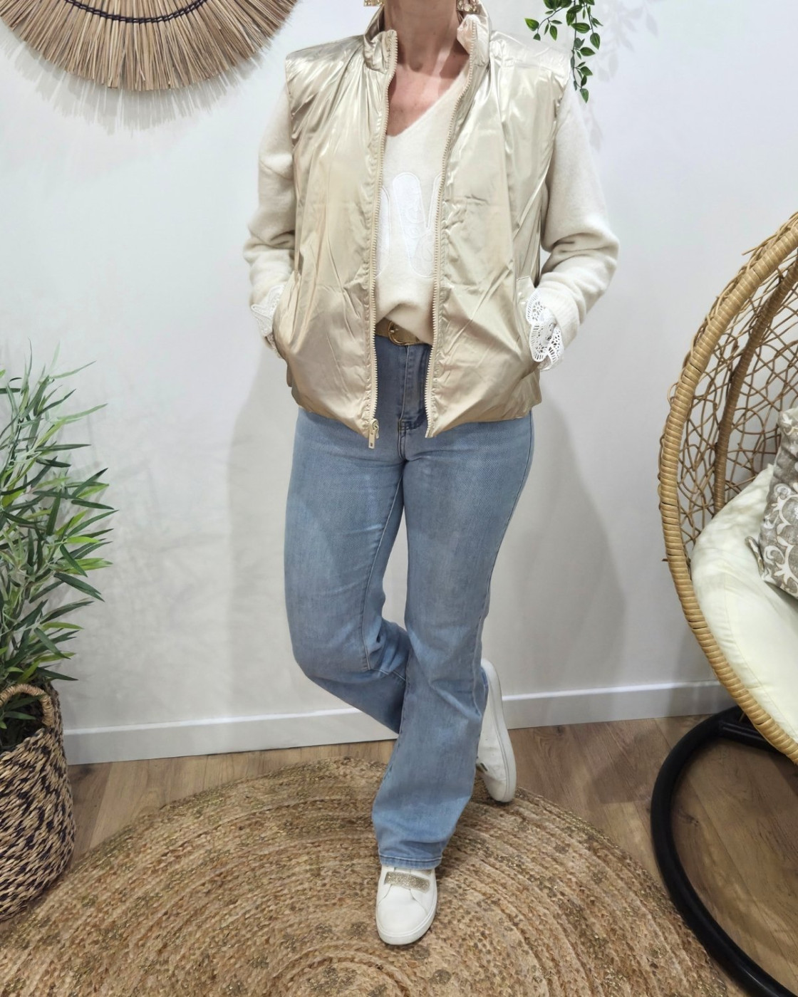 Doudoune femme sans manches dorée et léopard beige réversible