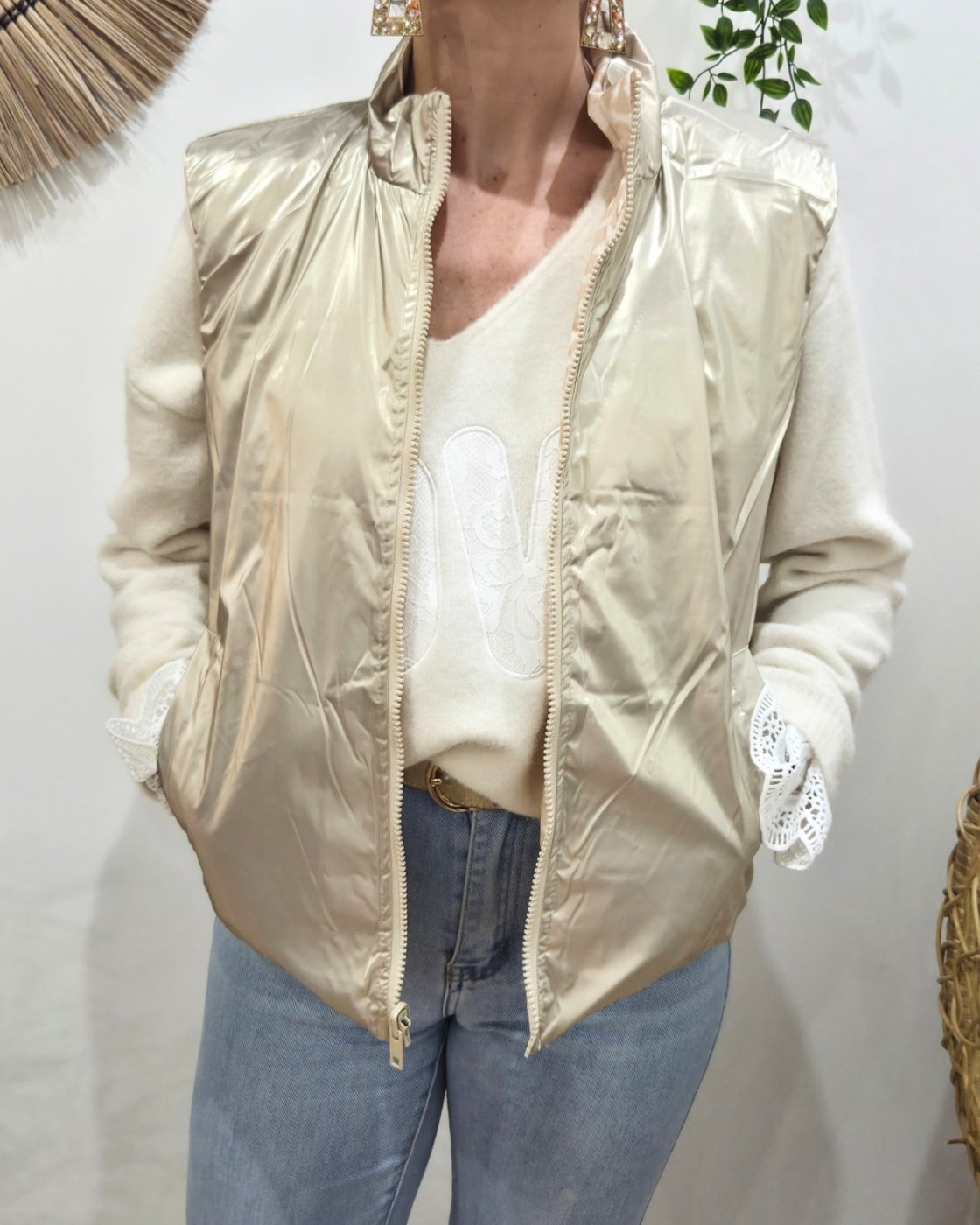 Doudoune femme sans manches dorée et léopard beige réversible