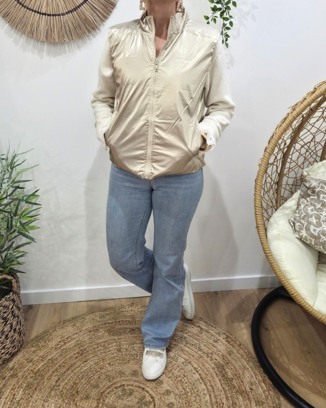 Doudoune femme sans manches dorée et léopard beige réversible