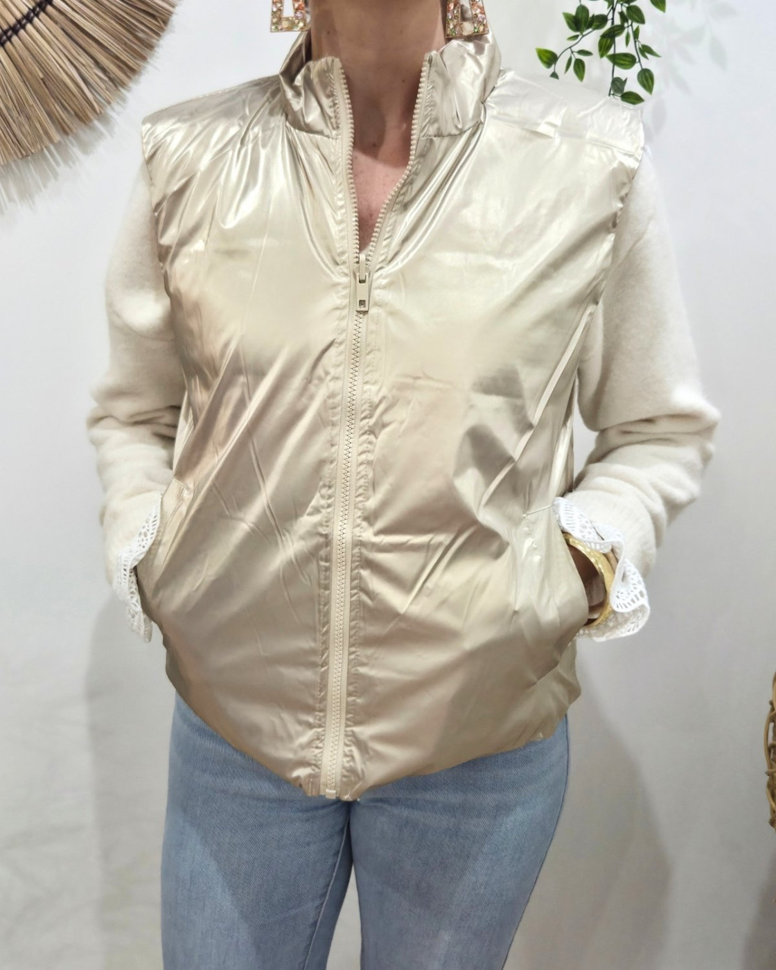 Doudoune femme sans manches dorée et léopard beige réversible