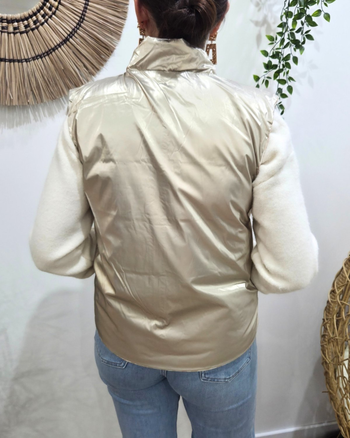 Doudoune femme sans manches dorée et léopard beige réversible