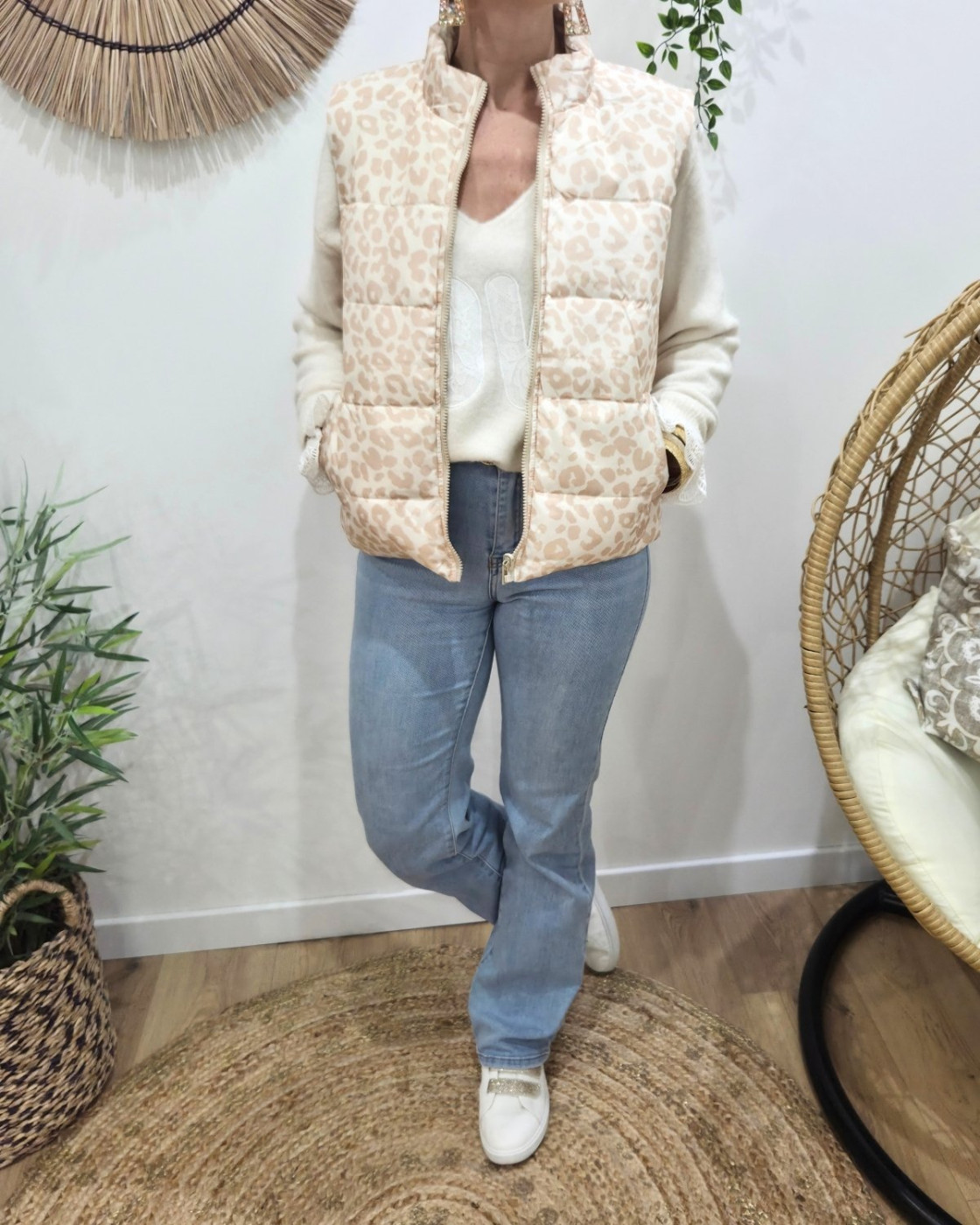 Doudoune femme sans manches dorée et léopard beige réversible