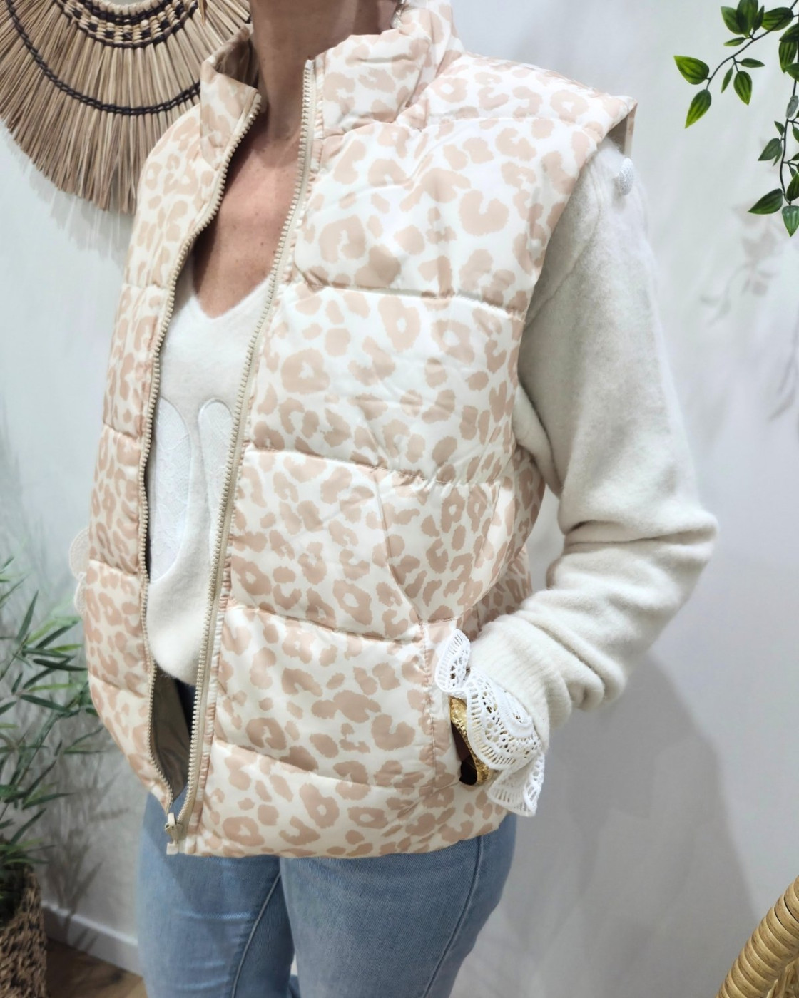 Doudoune femme sans manches dorée et léopard beige réversible