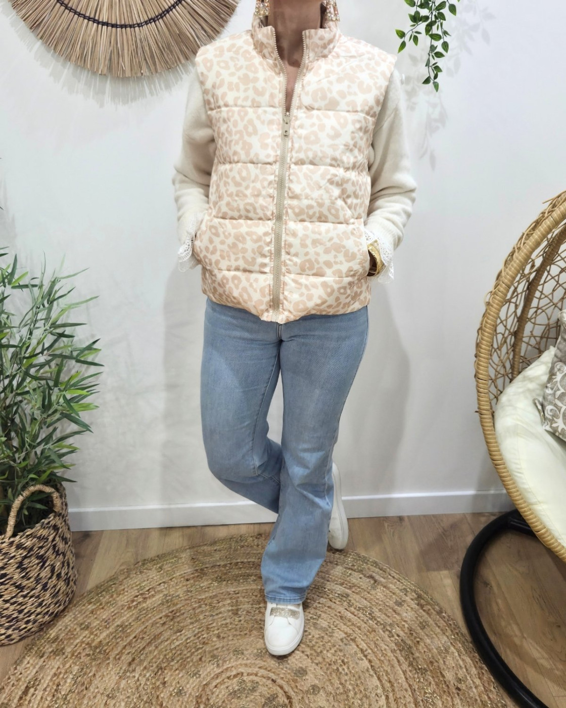 Doudoune femme sans manches dorée et léopard beige réversible